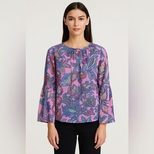 Banjanan 100% Silk Boho Floral Blouse Top XS | Lightweight Bell Sleeve Designer